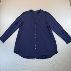 Susan Graver Weekend Navy Blue V-Neck Button Front Cardigan Pockets LP A397774
